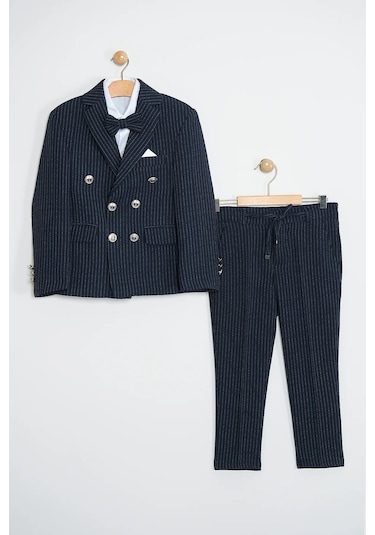 Erkek Çocuk Çizgili Ceket Gömlek Pantolon Papyonlu Takım Elbise Te.1001y Lacivert