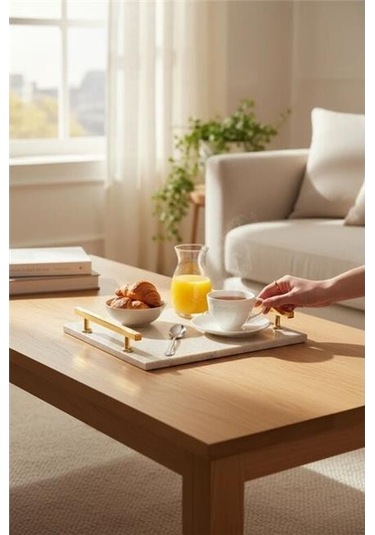 Akayev Traverten Altın Florya 30x20 Cm Tepsi Beyaz