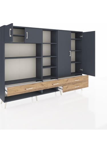 Arges Dolap 12 Raflı 4 Çekmeceli 4 Kapaklı 220x30x163 Antrasit-an Antrasit-antrasit/çam