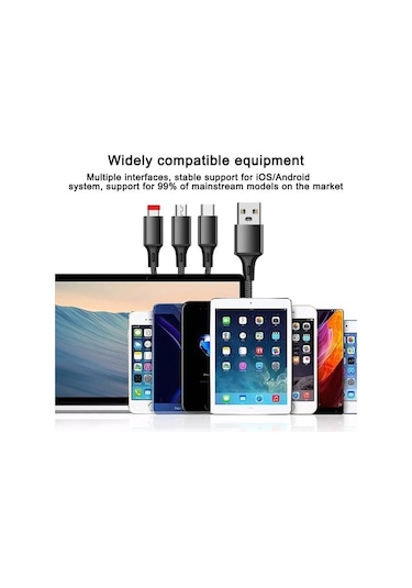3 In 1 Type C Micro Usb 3'Lü Hızlı Şarj Kablosu 3 Amper