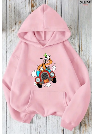 Arabalı Goffy Baskılı Sweatshirt Pembe