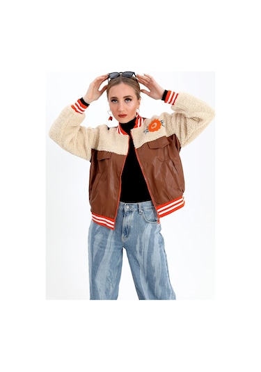 Beli Lastikli Nakışlı Derili Peluş Ceket Mont - Taba-taba Taba