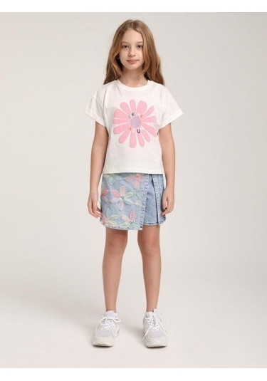 Kız Çocuk Çiçek İşlemeli Tasarım Şort Etek-15579 Mavi