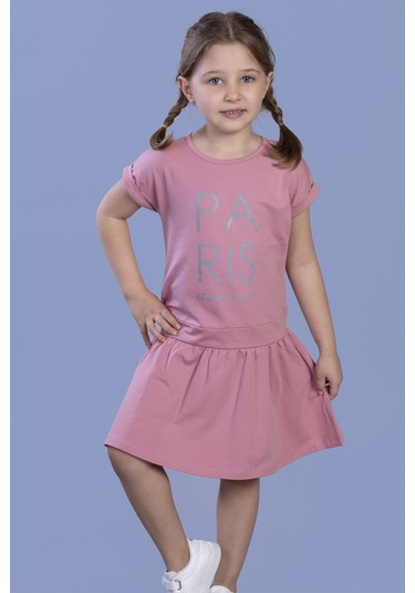 Toontoy Kız Çocuk Reflektör Baskılı Elbise Somon