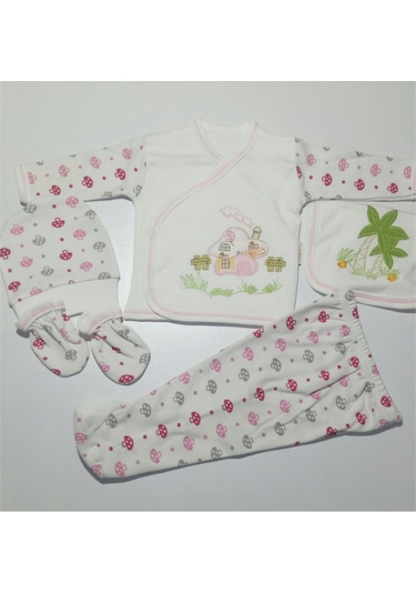 Mantar Baskılı Bebe Zıbın Seti 5'li Açık Bej