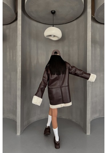 Sensuelle Deri Mont Kol Ve Yaka Peluş Kapaksız Cep Detaylı - Kahverengi Kahverengi