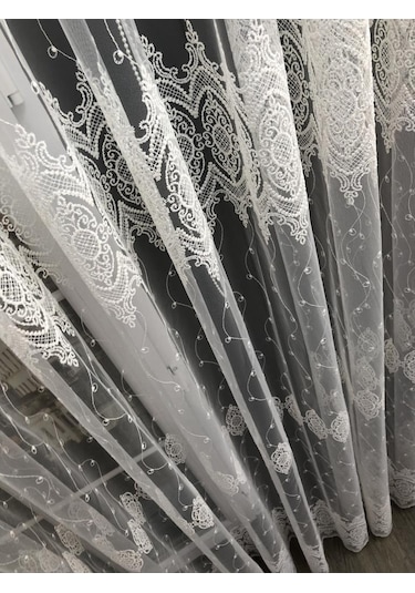 Tül Perde Çerçeve Desen Brillant Marka Sedef Sim Brode Işleme Ekru