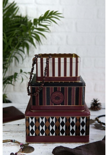 Festival Desenli 3'lü Kare Metal Saklama Kabı Seti 2,2 Lt + 3,7 Lt + 5,8 Lt