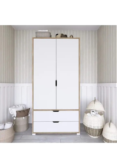 90 Cm Açık Ceviz-beyaz 2 Kapılı 2 Çekmeceli Elbise Dolabı - Gardırop Açık Ceviz & Beyaz