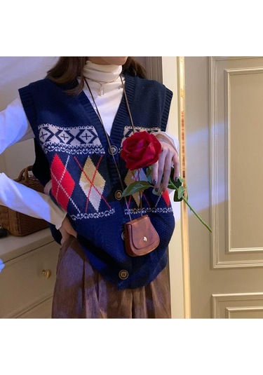 Moda V Yaka Örme Yelek Kadın Sonbahar Yeni Gevşek Montaj Vintage Hırka Kolsuz Üst Lacivert