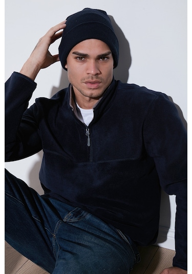 Buratti Regular Fit Anti-Pilling Tüylenme Yapmayan Dik Yaka Kalın Kışlık Şardonlu Erkek Polar 5896700 Lacivert