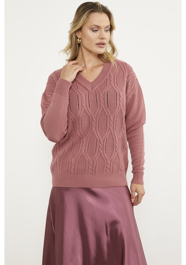 V Yaka Motifli Triko Kazak - Gül 001