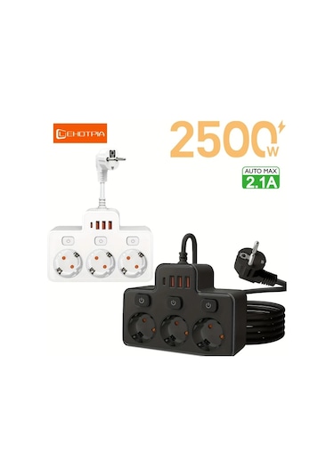 Motion003 2500w 3 Cm Kablo Beyaz Avrupa Standartlı Fişli Priz Şeridi 3 Ac Çıkış 4 Usb 1