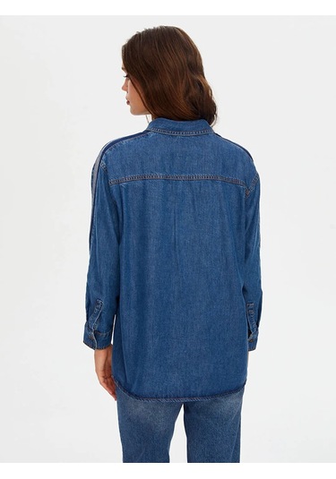 Faik Sönmez Kontrast Bant Detaylı Tenselli Kadın Jean Gömlek W26jgm001 İndigo