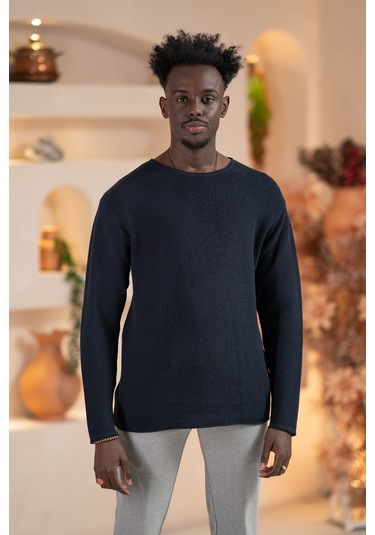 Regular Fit Likralı Kendinden Çizgili Mevsimlik Spor Kazak Lacivert