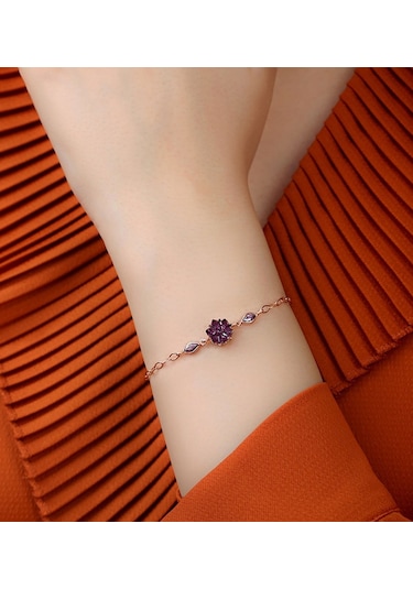925 Ayar Ametist Zirkon Taşlı Lotus Çiçeği Gümüş Bileklik