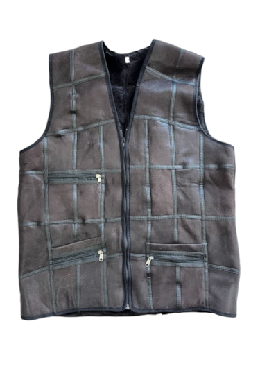 Patchwork İçi Kürk-dışı Süet Deri Biye Detaylı Yelek Acı Kahve