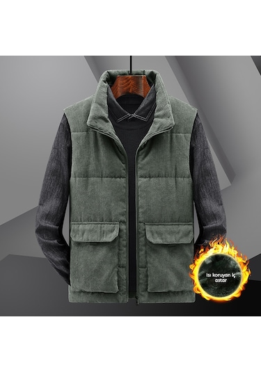 Snapbuy Kışlık Kalın Kadife İçi Kürklü Erkek Yelek Yeşil