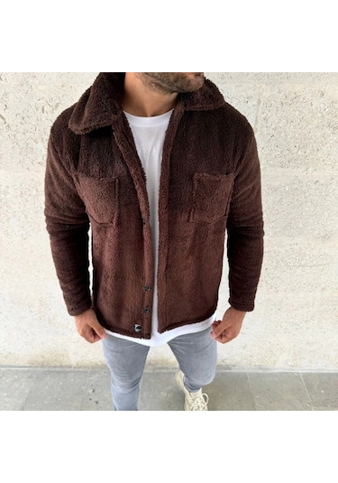Erkek Pelüş Polar Hırka Gömlek Yakalı, İlik Düğmeli, Göğüs Cepli, Yumuşak Dokulu Kışlık Regular Fi Kahverengi