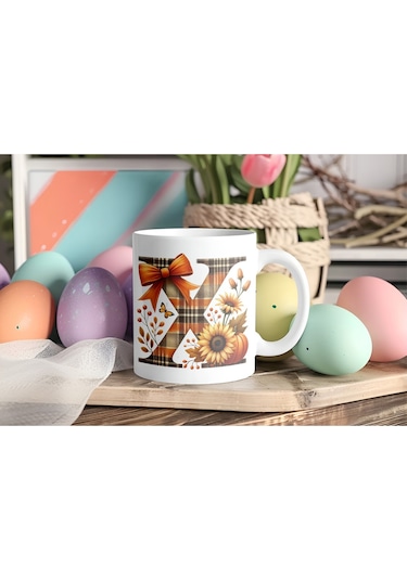 X Harfi Ekose Ve Sonbahar Temalı Kupa Bardak - Kişiye Özel Sıcak Tonlar Alfabe Kupa - Hediye Beyaz