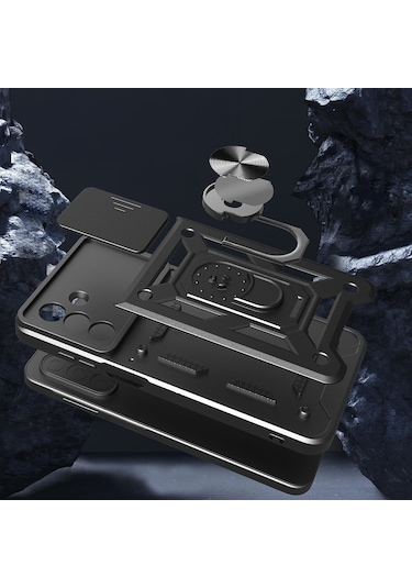 Teknomoda Samsung Galaxy Uyumlu A26 Kılıf Yüzüklü Standlı Sürgülü Kamera Korumalı Tank Sert Silikon Kapak Siyah