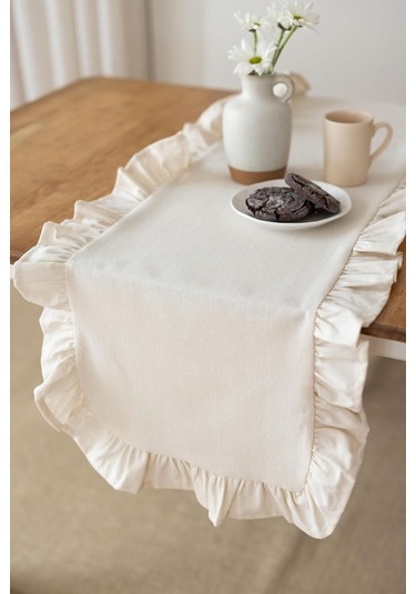 Rufle Fırfırlı Keten Runner 40 X 110 Cm Bej Diğer