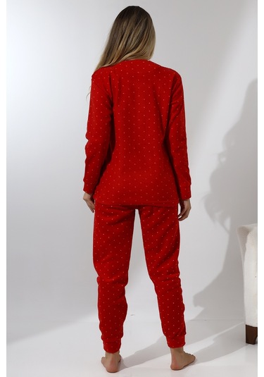 Fawn 5016 Peluş Welsoft Polar Kışlık Yumoş Geyikli Kadın Pijama Takımı Kırmızı