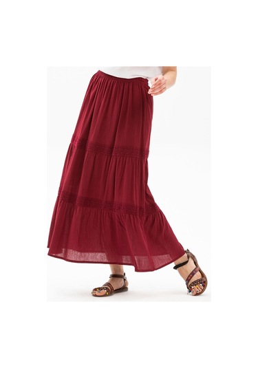 Uzun Şile Bezi Dantelli Etek Bordo Brd
