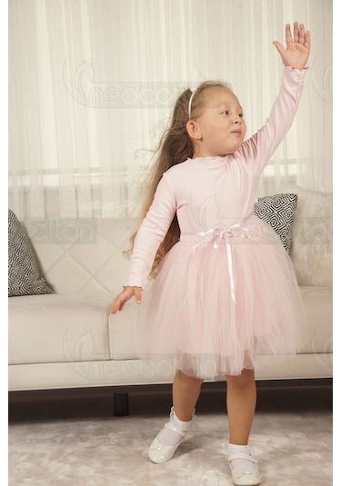 Tüllü Baskısız Düz Üst Kısım Ribana Alt Kısım Astarlı Tütü Etek Kız Çocuk Prenses Uzun Kollu Elbise Uzun-pembe Pembe