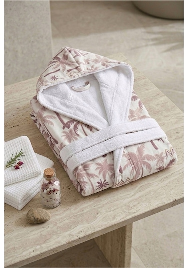 Tropical Breeze Pamuklu Desenli Kapüşonlu Bornoz Kahverengi Palmiye
