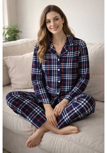 Tenra Kadın Pijama Takımı Boydan Düğmeli Likralı Viskos Kumaş Lacivert