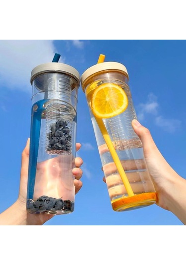 Sarı 700 Ml Plastik Su Pipetli Şişe Ve Meyve Demlik Sağlıklı Çay Bardağı Seyahat İçme Şişeleri Taşınabilir Fitness Spor Açık Sarı