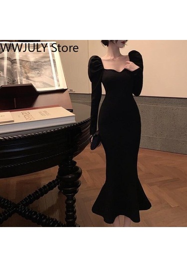 2021 Kış Vintage Denizkızı Elbise Kadın İnce Parti Tek Parça Elbise Kore Moda Uzun Kollu Siyah Y2k Midi Elbise Bayan Zarif Siyah