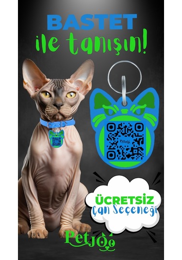 Petjoo 1.Bastet Yeşil-Mavi Qr'lı Kedi Künyesi