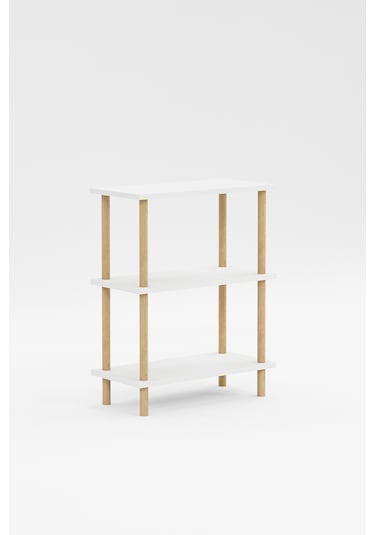 Dekoratif 3 Raflı Ahşap Ayaklı Kitaplık Yan Sehpa Beyaz