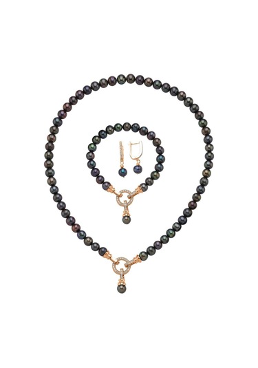 8,5 Mm Zirkon Taşlı Halka Kilitli Doğal İnci Küpe Kolye Bileklik Üçlü Set 40 Cm / Rose Gümüş