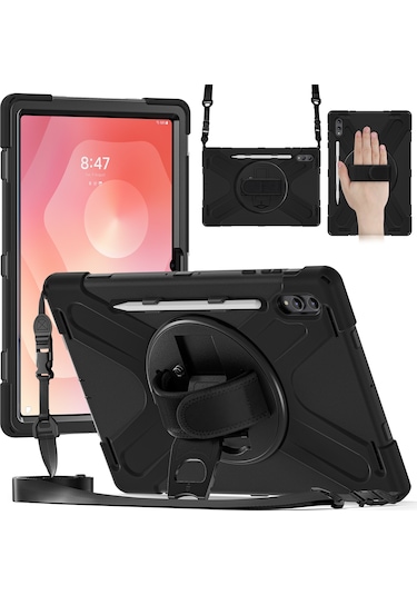 Samsung Galaxy Tab S11 Ultra Kickstand Kılıf Tpu Pc Silikon Tablet Kılıfı Ve Omuz Askısı - Siyah Tablet Kılıfı