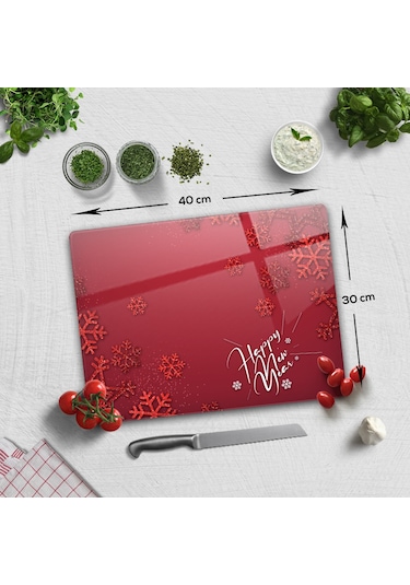 Decorita Cam Kesme Tahtası|Happy New Year Kırmızı|30cm x 40cm