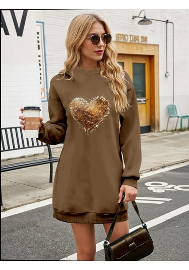 Kadın Uzun Kollu Bisiklet Yaka Kalp Desenli Viskon Iki Iplik Bluz Antrasit Melanj