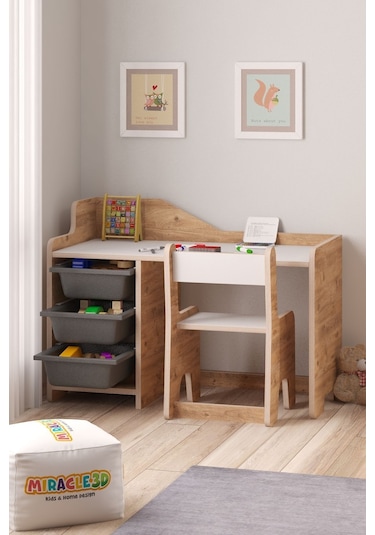 Miracle 3d Çocuk Oyun Aktivite Masası 90x45 Cm 3 Sepetli Çocuk Çalışma Masası - Sırt Dayamalı Sandalye Çam
