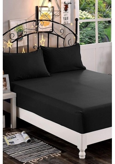 Kumaş Battal Boy Lastikli Çarşaf Takımı Siyah 180X200