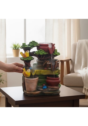 Dekoratif Kuşlar Tasarımlı Renkli Led Işıklı Su Şelalesi