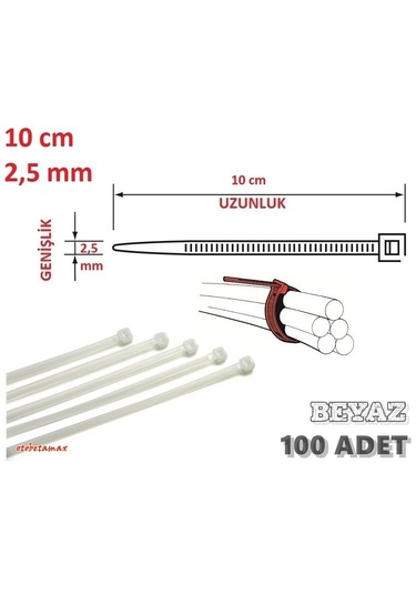 100 Adet 10cmx2.5mm Beyaz Plastik Cırt Kelepçe Kablo Bağı