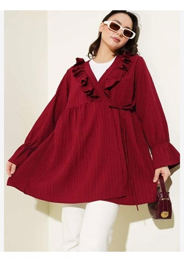 Lovie Moda Kadın Yaka Fırfırlı Kimono Bordo