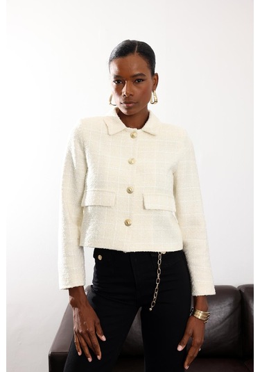 Ekru Gold Düğmeli Tüvit Ceket 02014 Ekru