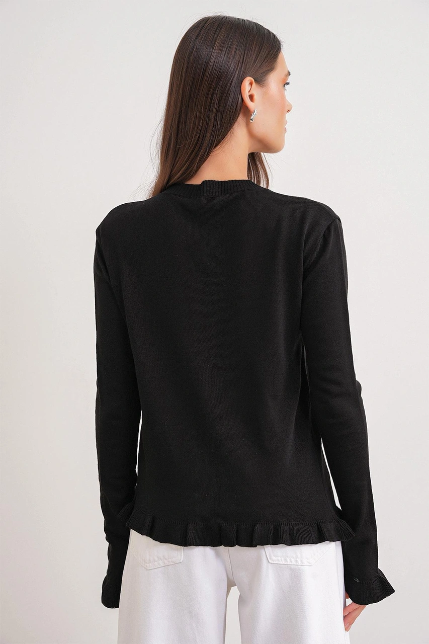 6964 Kadın Düz Fırfırlı Düğmeli Hırka Siyah Siyah