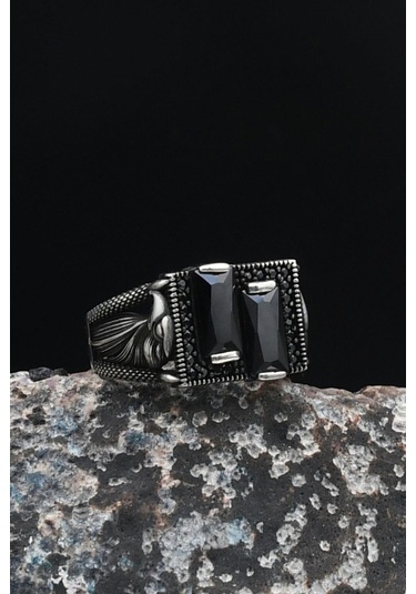 Kartal Figürlü Siyah Baget Taşlı 925 Ayar Gümüş Erkek Yüzüğü 901034