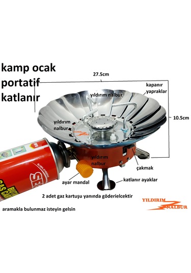 Duble Büyük Boy Geniş Kamp Ocağı Portatif Kartuş Gazlı Piknik Yaprak Ocak 2 Adet Kartuş Hediyeli Açık Gri