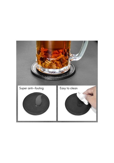 Ulzyvf Yuvarlak Siyah Siyah Seti Mutfak Kullanımı Deri Bardak Bardak Altlığı Altlığı 6'lı Sa Siyah