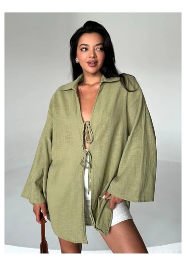 Haki %100 Keten Bağcık Detaylı Kimono Bluz - 5218 Haki